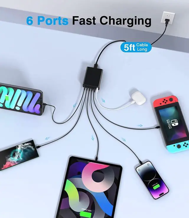 Alt view image 4 of 7 - USB C Fast Charger, 100W GaN Compact USB C Charging Station, 6 Port USB Type C Charging Block Hub Power Strip, 4 PD USB C 2 QC USB A Wall Charger for iPad iPhone 14 13 12 11 Pro Max Pixel Note Galaxy