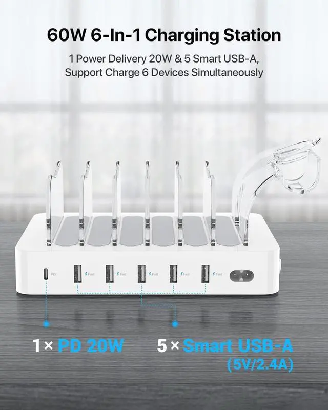 Alt view image 2 of 7 - SooPii 60W 6-Port Charging Station for Multiple Devices PD 20W USB C Fast Charging for lPhone 14/13/12 6 Short Cables Included 2 in 1 Holder for Phones Tablets and Others White