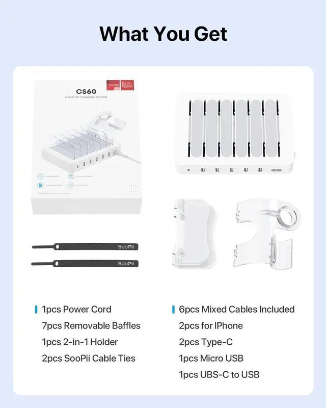 Alt view image 5 of 7 - SooPii 60W 6-Port Charging Station for Multiple Devices PD 20W USB C Fast Charging for lPhone 14/13/12 6 Short Cables Included 2 in 1 Holder for Phones Tablets and Others White