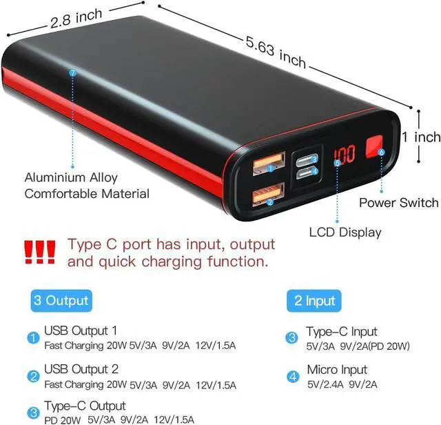 Alt view image 6 of 6 - SmilePowo Metal Portable-Charger-Power-Bank,PD 20W 26800mAh,Output 5V 3A LCD Digital Display Fast Charging Power Bank,Compatible with iPhone,Samsung Galaxy,Google Pixel 4 Phone,Tablet,Android