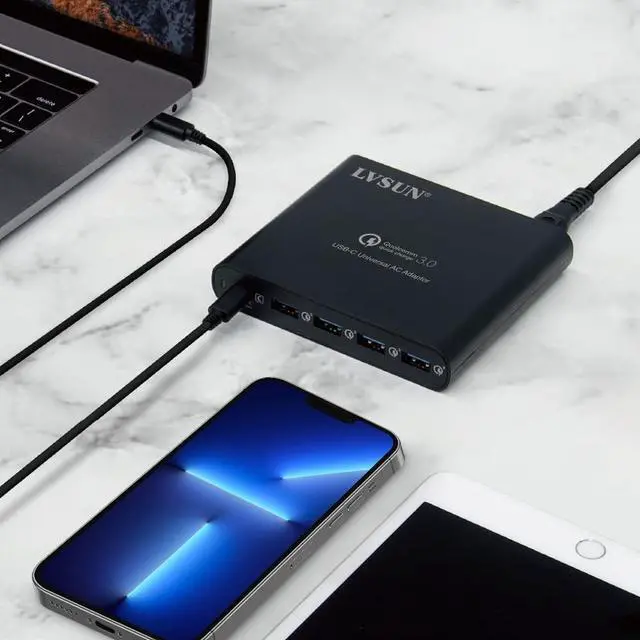 Alt view image 2 of 6 - 80W PD USB Type C Laptop Charger, 5-Port USB Charging Station for Apple MacBook iPad iPhone 12 Pro Max Mini, QC3.0 USB Ports Power Supply for HP Asus Toshiba  Acer Sony  Adapter