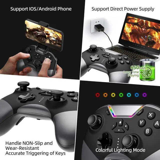 Alt view image 5 of 7 - Bluetooth Controller for Switch/PC/iPhone/Android/Apple Arcade MFi Games/TV/Steam, Hall Effect Joysticks Wireless Game Controller Gamepad with/Phone Clip/Lock Speed/Macro/6-Axis Gyro/Dual Motors/Turbo