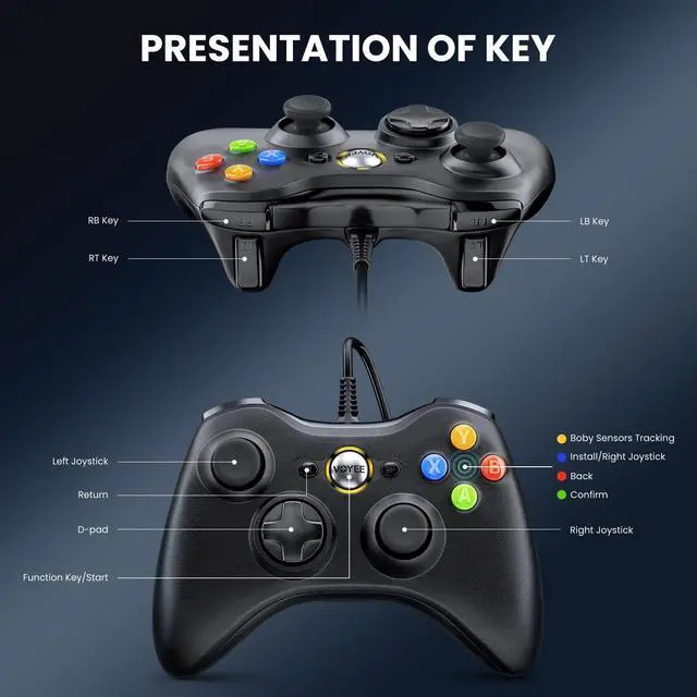 Alt view image 5 of 7 - VOYEE PC Controller, Wired Controller Compatible with Microsoft Xbox 360 & Slim/PC Windows 10/8/7, with Upgraded Joystick, Double Shock | Enhanced (Black)
