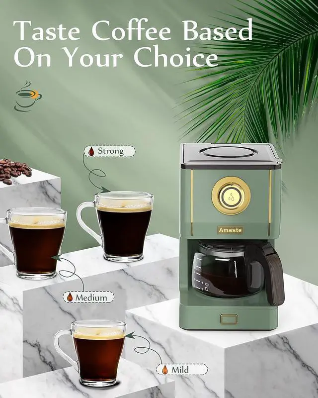 Alt view image 4 of 7 - Amaste Drip Coffee Maker, Coffee Machine with 25 Oz Glass Coffee Pot, Retro Style Coffee Maker with Reusable Filter & Three Brewing Modes, 30minute-Warm-Keeping, Matcha Green