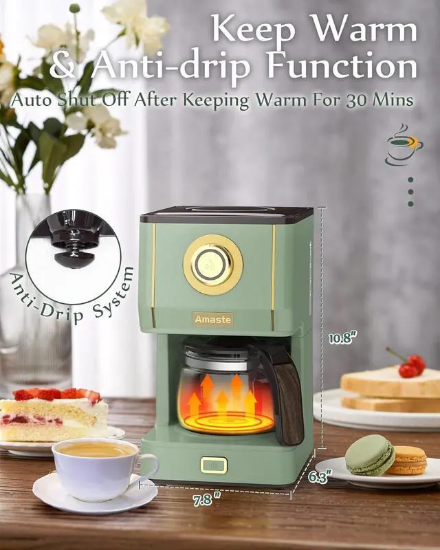 Alt view image 6 of 7 - Amaste Drip Coffee Maker, Coffee Machine with 25 Oz Glass Coffee Pot, Retro Style Coffee Maker with Reusable Filter & Three Brewing Modes, 30minute-Warm-Keeping, Matcha Green