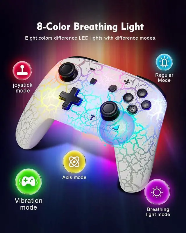 Alt view image 2 of 6 - binbok Switch 2 Controller, Wireless Switch Pro Controller for Switch 2/Switch/Switch Lite/Switch OLED, 8 Colors Adjustable LED Wireless Remote Gamepad with Unique Crack/Turbo/Motion Control (White)