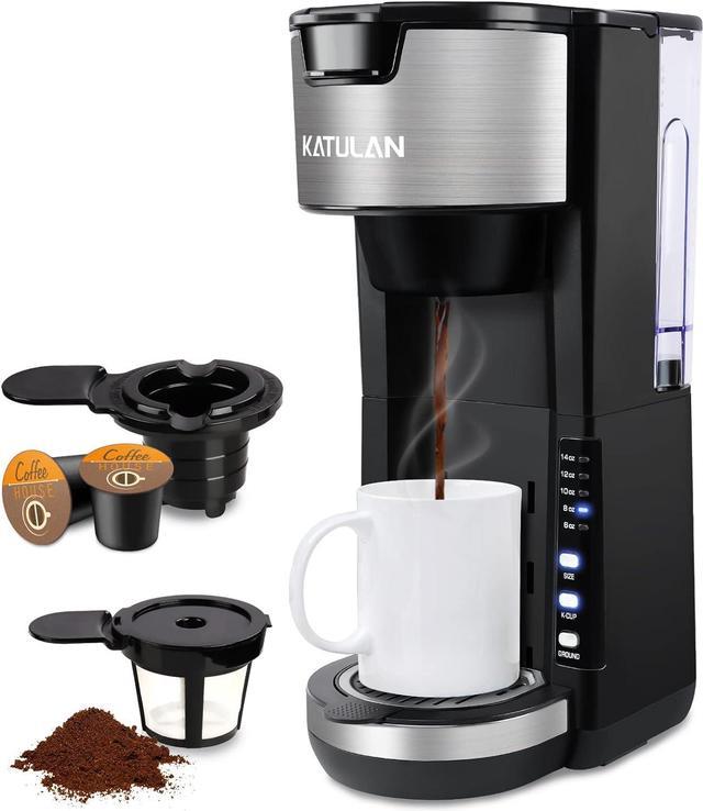 katulan Single Serve Coffee Maker K Cup & Ground Coffee, One Cup Brews 6-14 oz in 2 Mins, Fits Travel Mugs, with 30 oz Removable Wate