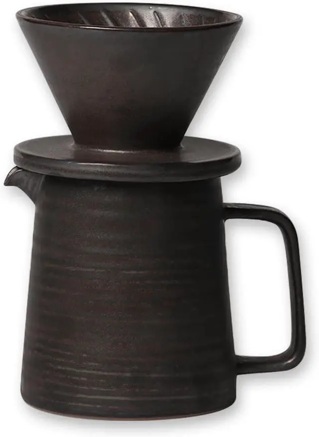 Main image of Stoneware Handmade Pour Over Coffee Maker Set, Ceramic Coffee Brewer Hand Drip Cone Dripper & Coffee Pot Microwaveable Decanter, Retro Metallic Glaze, 16oz