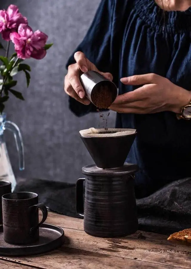 Alt view image 4 of 7 - Stoneware Handmade Pour Over Coffee Maker Set, Ceramic Coffee Brewer Hand Drip Cone Dripper & Coffee Pot Microwaveable Decanter, Retro Metallic Glaze, 16oz