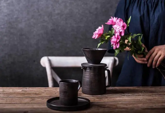 Alt view image 6 of 7 - Stoneware Handmade Pour Over Coffee Maker Set, Ceramic Coffee Brewer Hand Drip Cone Dripper & Coffee Pot Microwaveable Decanter, Retro Metallic Glaze, 16oz