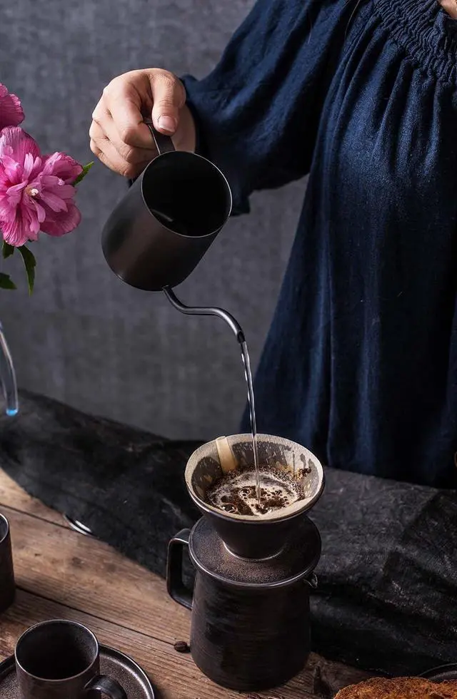 Alt view image 5 of 7 - Stoneware Handmade Pour Over Coffee Maker Set, Ceramic Coffee Brewer Hand Drip Cone Dripper & Coffee Pot Microwaveable Decanter, Retro Metallic Glaze, 16oz