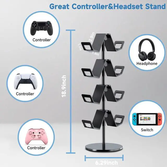 Alt view image 3 of 6 - Controller Holder 4 Tier,Headphone Stand - Adjustable Headset Holder for Xbox PS5 PS4 Switch Pro - Gaming Storage for Universal Game Accessories,Desk/Floor(Black)