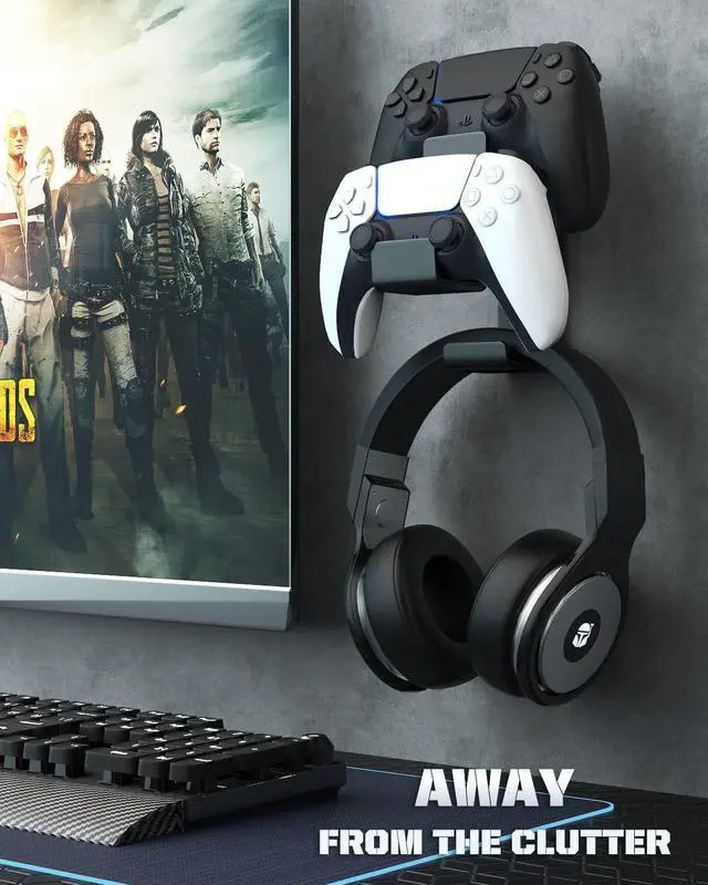 Alt view image 7 of 7 - MoKo Controller Holder, Dual Gamepad Controller & Headphone Hanger for Xbox One, Xbox 360, PS3, PS4, PS5, PC, STEAM, SwitchWall Mount Stand for All Universal Headsets, Black