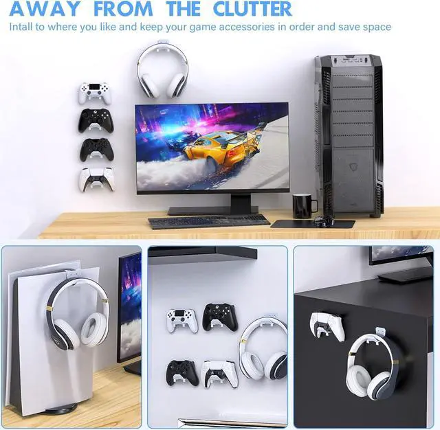 Alt view image 5 of 7 - Controller Wall Mount Holder for PS5/PS4/Xbox/Switch Controller, Strong Adhesive/Screw Controller Holder Headphone stand, Headset Hanger Hook for Universal Gaming Controller and Headset - 6 Pack