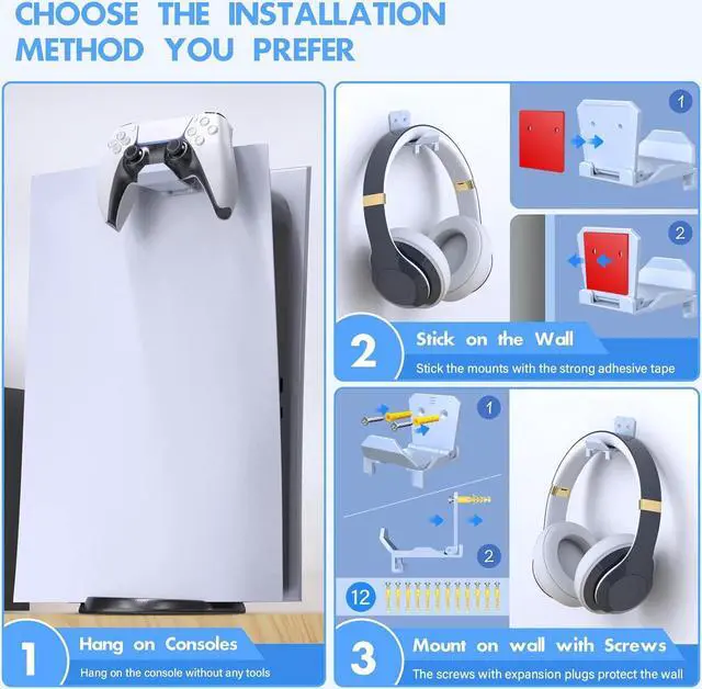 Alt view image 4 of 7 - Controller Wall Mount Holder for PS5/PS4/Xbox/Switch Controller, Strong Adhesive/Screw Controller Holder Headphone stand, Headset Hanger Hook for Universal Gaming Controller and Headset - 6 Pack