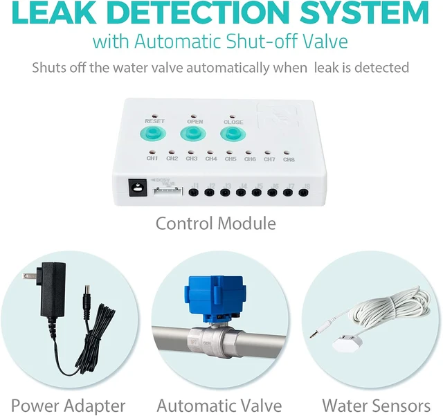 Alt view image 2 of 6 - LS43 Water Leak Detector Alarm System, Automatic Shut-Off Valve and 2 Detection Sensors, Connects Up to 8 Sensor to Prevent Flooding, 3/4" NPT