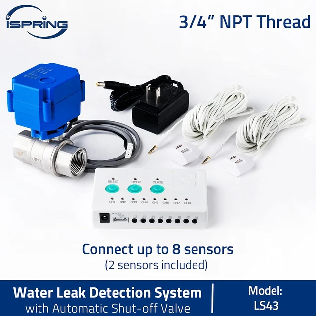 Alt view image 3 of 6 - LS43 Water Leak Detector Alarm System, Automatic Shut-Off Valve and 2 Detection Sensors, Connects Up to 8 Sensor to Prevent Flooding, 3/4" NPT