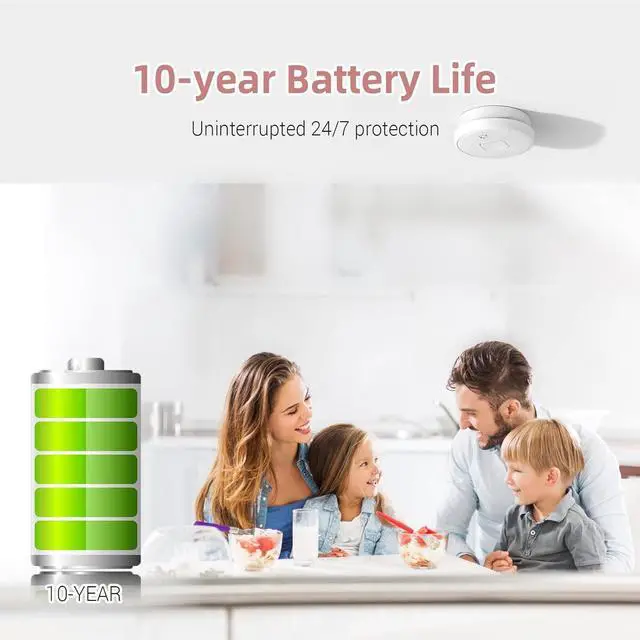 Alt view image 2 of 7 - Smoke Detector Battery Operated, 10-Year Smoke Alarm with Photoelectric Sensor, Fire Alarms Smoke Detectors with Test Button and Low Battery Warning, Fire Safety for Home,6 Pack