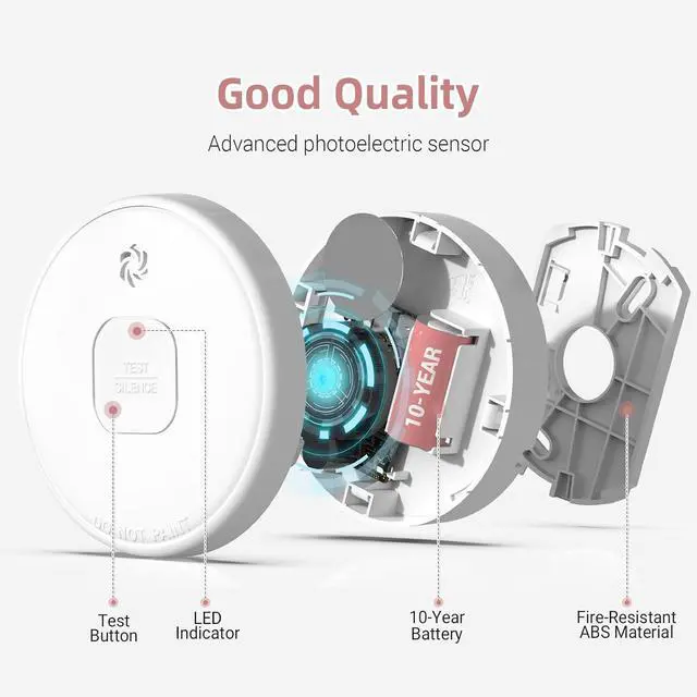 Alt view image 3 of 7 - Smoke Detector Battery Operated, 10-Year Smoke Alarm with Photoelectric Sensor, Fire Alarms Smoke Detectors with Test Button and Low Battery Warning, Fire Safety for Home,6 Pack