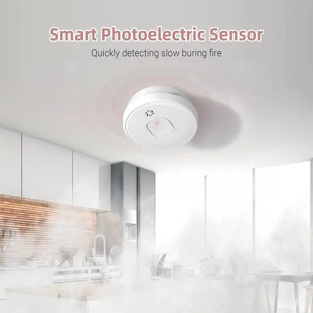 Alt view image 5 of 7 - Smoke Detector Battery Operated, 10-Year Smoke Alarm with Photoelectric Sensor, Fire Alarms Smoke Detectors with Test Button and Low Battery Warning, Fire Safety for Home,6 Pack