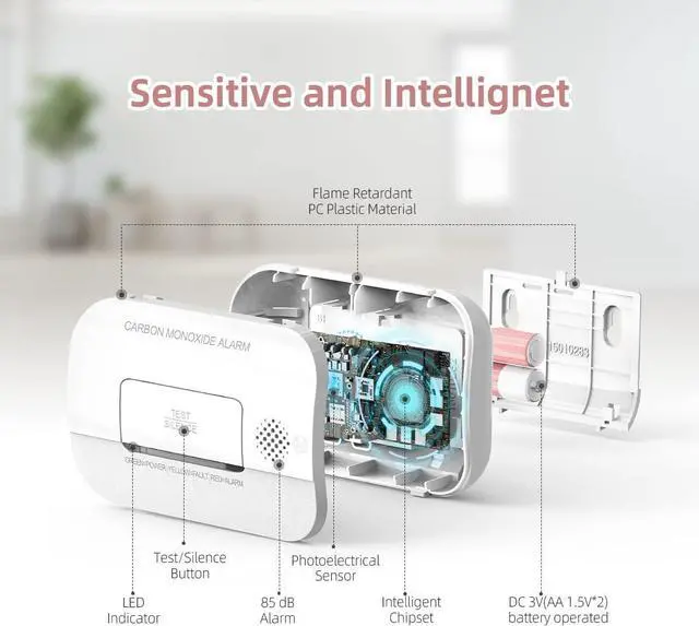 Alt view image 5 of 7 - Carbon Monoxide Detector, 7 Year Sensor Life CO Detector with Battery Warning Indicator and Test Button, 85 dB, for Ceiling and Wall Mounting, White (4 Pack)
