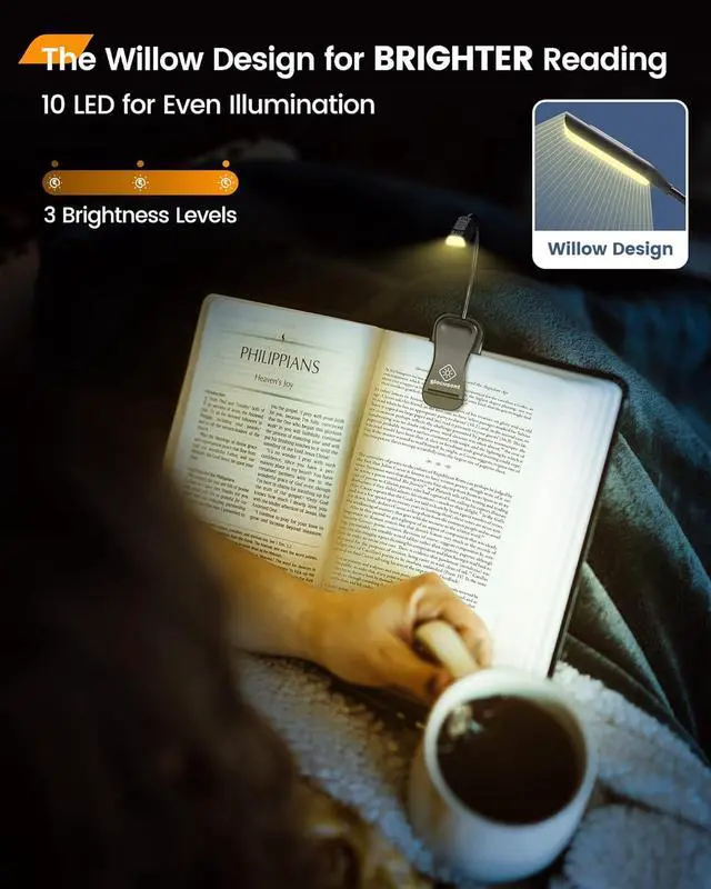 Alt view image 2 of 7 - Glocusent Willow Book Light for Reading in Bed, 10LED Bright Reading Light, 3 Colors & 3 Brightness, Rechargeable Book Light Lasts for 80hr, Lightweight Clip on Book Light, Perfect for Book Lovers