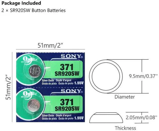 Alt view image 3 of 6 - 2pcs Sony 370 AG6 371 SR920SW 920 1.55V Watch Battery SR920SW 371 Button Coin Cell Batteries MADE IN JAPAN