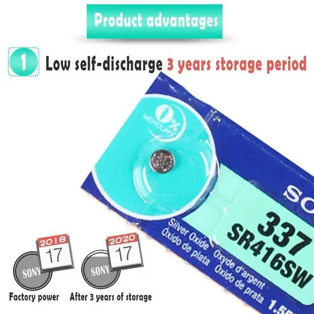 Alt view image 4 of 6 - 10pcs/lot Sony 100 1.55V 337 SR416SW Silver Oxide Watch Battery 337 SR416SW Button Coin Cell MADE IN JAPAN 0%Hg