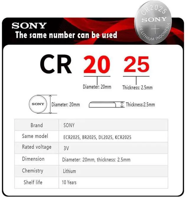 Alt view image 5 of 6 - 10PCS FOR SONY cr2025 Button Cell Batteries cr 2025 DL2025 LM2025 3V Lithium Coin Battery For Watch Weight Scale