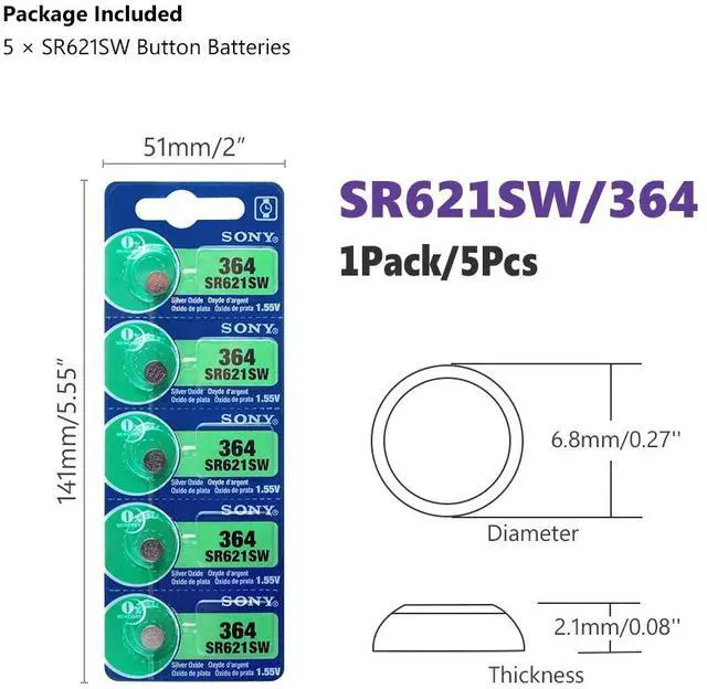 Alt view image 2 of 6 - 5pcs For Sony 1.55V 364 SR621SW V364 SR60 SR621 AG1 Watch Battery Silver Oxide Button Coin Cell Batteries MADE IN JAPAN