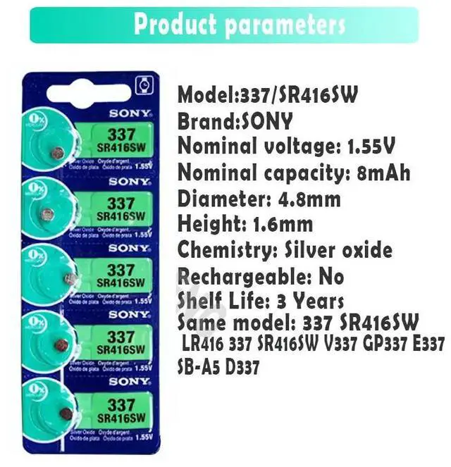 Alt view image 5 of 6 - 10pcs/lot Sony 100 1.55V 337 SR416SW Silver Oxide Watch Battery 337 SR416SW Button Coin Cell MADE IN JAPAN 0%Hg