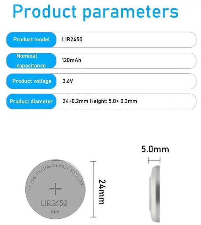 Alt view image 5 of 6 - 20Pcs/Lot 3.6V LIR2450 Rechargeable Batteries 120mAh 500 Times Lithium Coin Cell Button Battery Replaced CR2450 High Quality