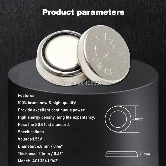 Alt view image 2 of 6 - 10pcs AG1 For Watch Toy Remote LR621 SR621 164 Button Battery LR621W CX60 364A Cell Coin Alkaline Batteries 1.55V TR621SW