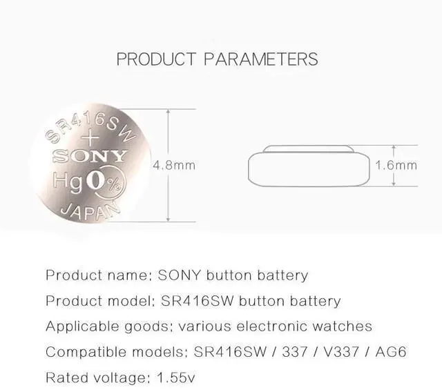 Alt view image 4 of 6 - 10PCS/lot For SONY 337 SR416SW 1.55V Silver Oxide Button Cell Batteries LR416 337A AG6 for Watches Single Grain Packing