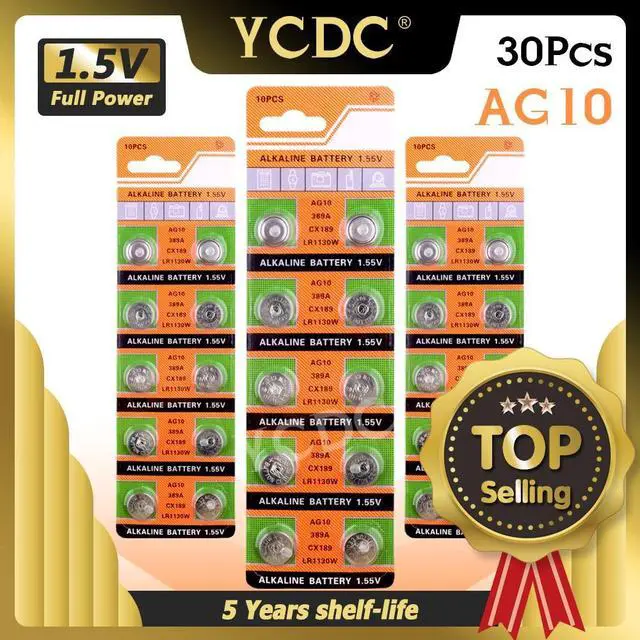 Main image of 30x LR1130 AG10 V10GA Cell Battery Watch Button Coin 189 389 390 LR54 Battery 30Pcs AG10 G10A SR1130 LR1130 390A D189 Alkaline