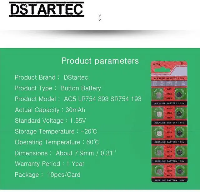 Alt view image 3 of 6 - 10pcs 30mAh 1.55V AG5 AG 5 G5 393A LR48 LR754 15 193 LR48 D309 399 RW28 Button Batteries For Watch Toys Remote Cell Coin Battery