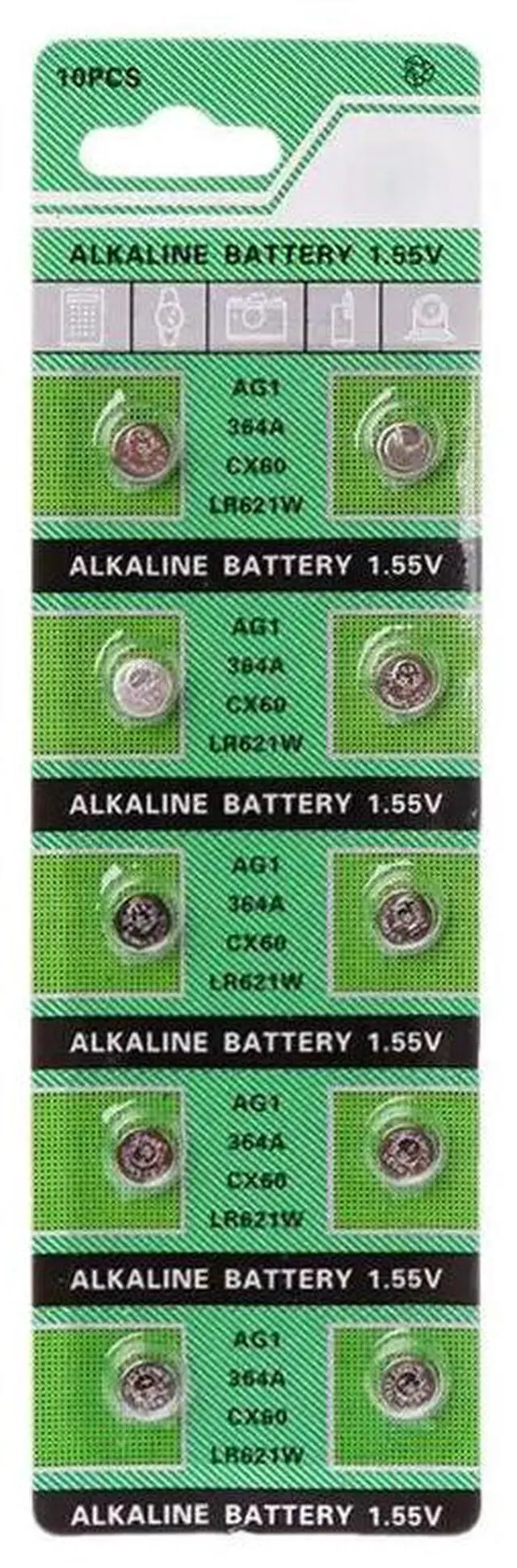 Alt view image 5 of 6 - 10PCS Watch Battery AG1 1.55V 364 SR621SW LR621 621 LR60 CX60 Alkaline Button Coin Cell Batteries R66F