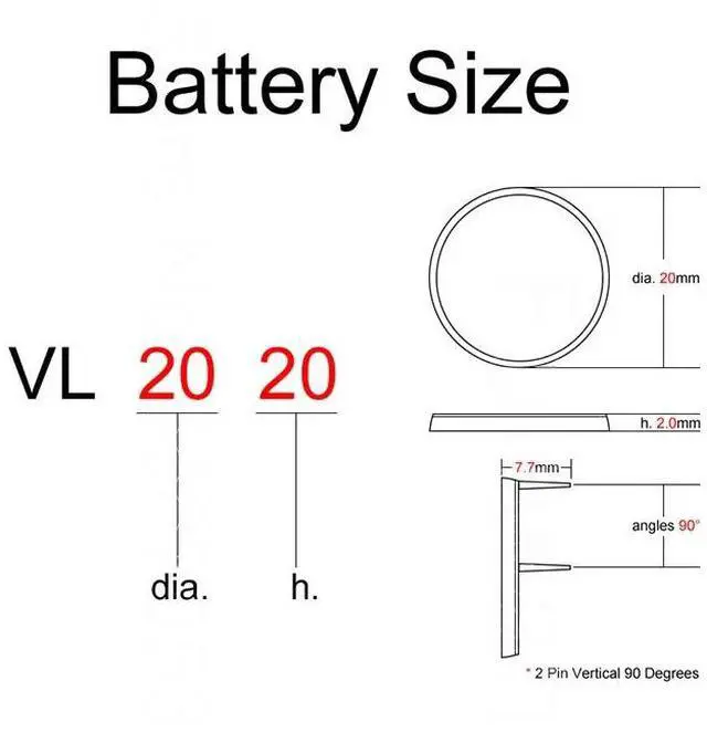 Alt view image 4 of 4 - Rechargeable Battery VL2020 with 2 Pin Vertical 90 Degrees Legs Lithium Button Coin Cell Batteries VL 2020 for BMW Remote Key