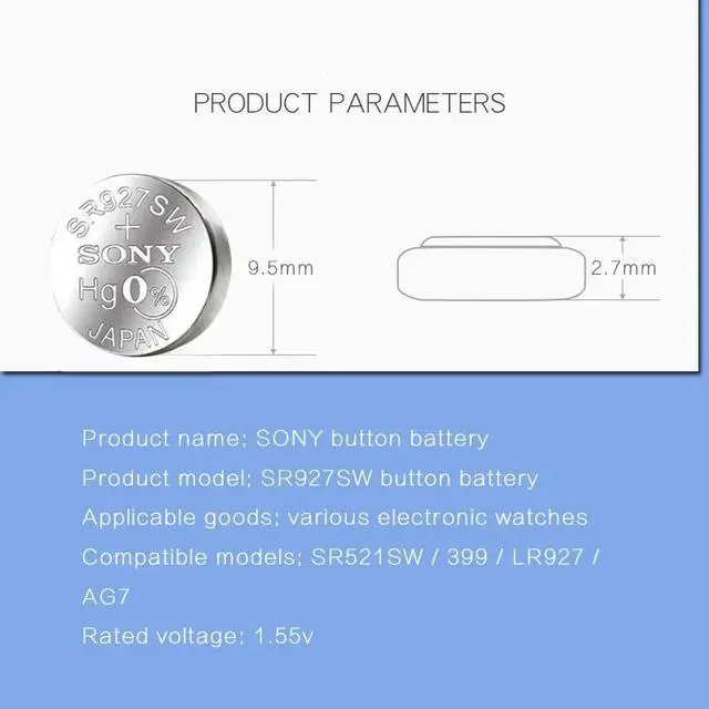 Alt view image 3 of 6 - 5PCS/lot SONY 395 SR927SW 1.55V Silver Oxide Button Cell Battery 399/395 LR927 AG7 for Watch Toys Single grain packing