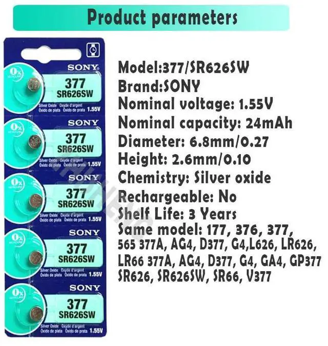 Alt view image 4 of 6 - 20pcs 1.55V 377 377A  SR626SW SR626 AG4 LR626 SR66 AG 4 Button Coin Cell For Watch Toys Remote Cell Coin Battery