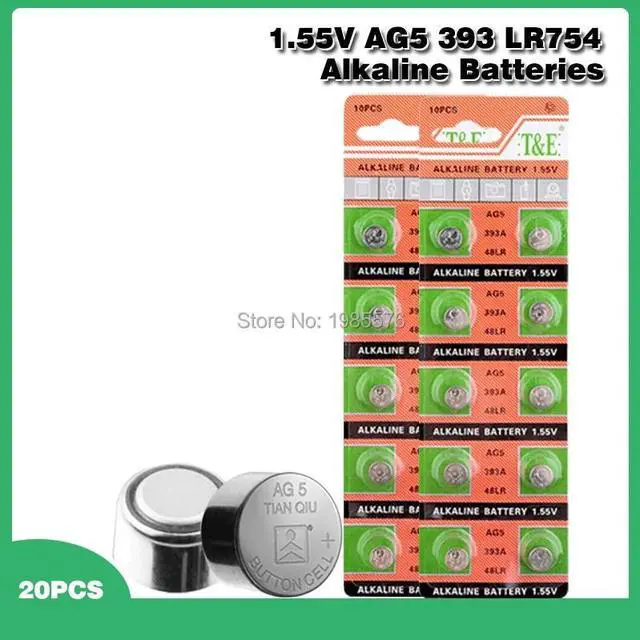 Main image of 20pcs 1.55v Ag5 D309 D393 G5 G5A L754 LR48 LR754 RW28 SR48 SR754 SR754W 15 48 193 309 393 546 393A Button Coin Cell Battery