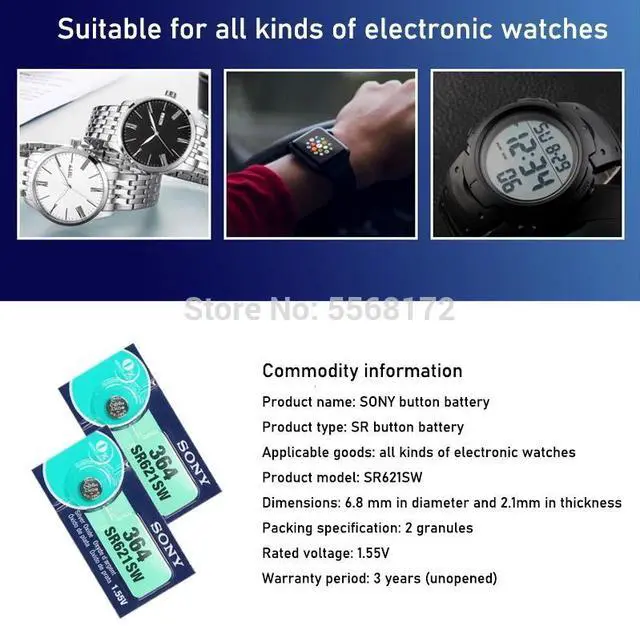 Alt view image 2 of 6 - 25Pcs/Lot SONY LONG LASTING AG1 364 LR621 164 531 SR60 SR621SW 1.55V Watch Battery Button Coin Cell Brand