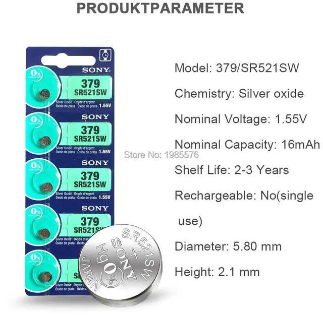 Alt view image 2 of 6 - 10pcs/lot For Sony 379 1.55V Silver Oxide Watch Battery 379 SR521SW D379 SR63 V379 AG0 Button Coin Cell MADE IN JAPAN