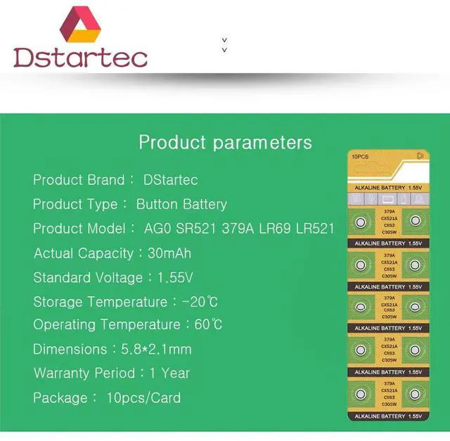 Alt view image 2 of 6 - 2020  10pcs AG0 379 SR63 LR69 LR521 379A 1.55V Button Batteries For Watch Toys Remote SR521SW D379 Cell Coin Alkaline Battery