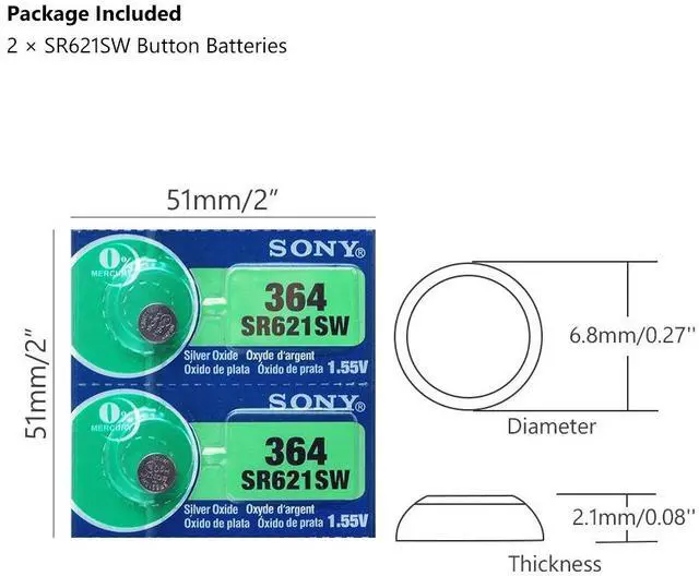 Alt view image 3 of 6 - 2pcs  For Sony 1.55V 364 SR621SW V364 SR60 SR621 AG1 Watch Battery Button Coin Cell Batteries MADE IN JAPAN