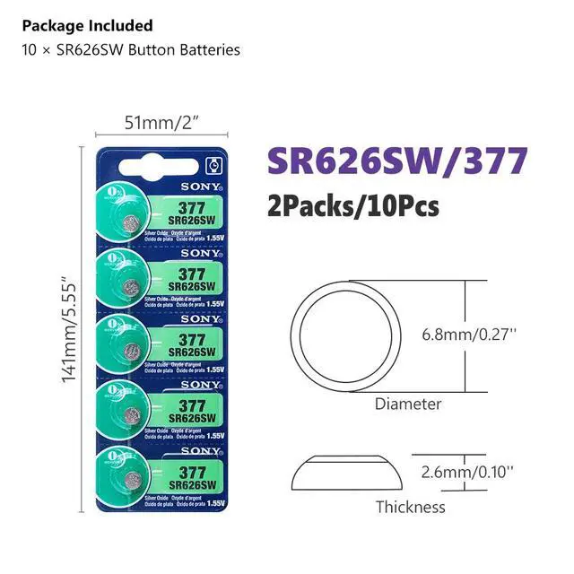 Alt view image 2 of 6 - 10pcs SONY 377 376 177 SR626SW 626 SR626 V377 AG4 Watch Battery Silver Oxide Button Coin Cell MADE IN JAPAN