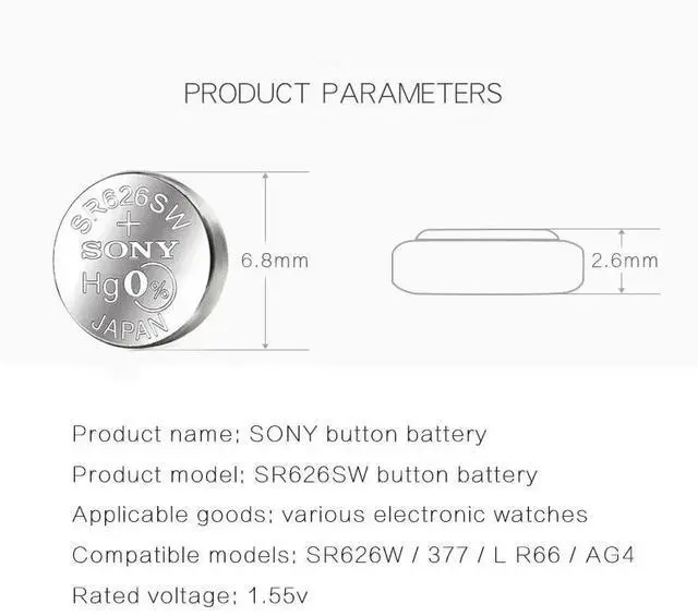 Alt view image 4 of 6 - 10PCS SONY 377 SR626SW 1.55V Silver Oxide Button Cell Battery 626 SR626 V377 AG4 for Watch Toys Single grain packing