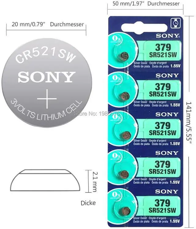 Alt view image 4 of 6 - 10pcs/lot For Sony 379 1.55V Silver Oxide Watch Battery 379 SR521SW D379 SR63 V379 AG0 Button Coin Cell MADE IN JAPAN