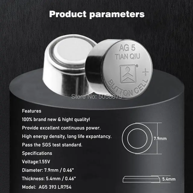 Alt view image 2 of 6 - 50pcs Alkaline Cell Coin Battery 1.55V AG5 LR754 Button Batteries 393 SR754 193 393A 48LR G5A AG 5 For Watch Toys