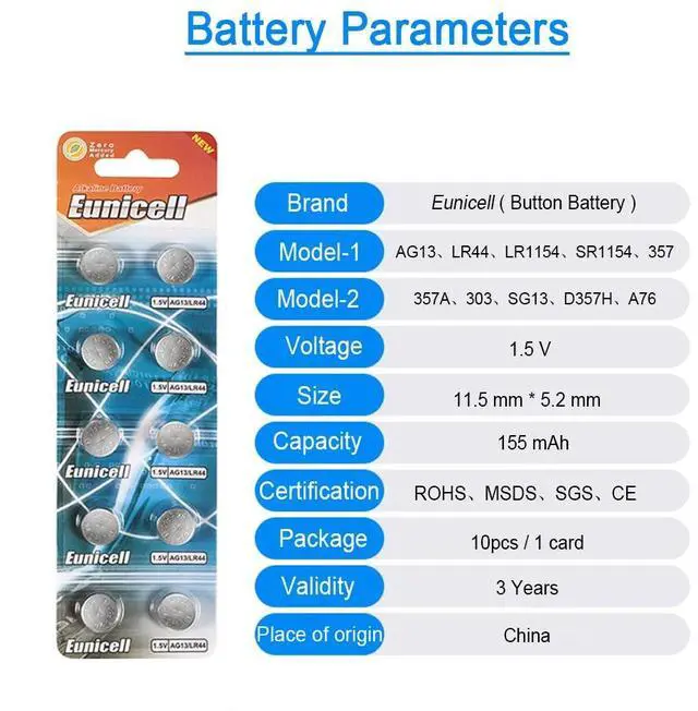 Alt view image 3 of 6 - EUNICELL 20pcs 2020  155mAh 1.5V AG13 LR44 Watch Clock Toys Button Batteries Pilas GP76 L1154 LR1154 SR1154 SR44 SR44SW SR44W